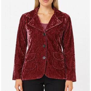 NEW J Jill Crushed Velvet Blazer Jacket Burgundy Button Front Office Size L